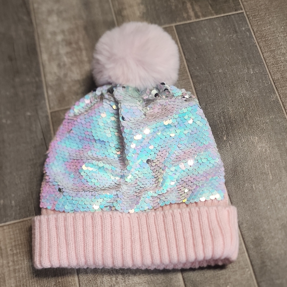 Pink Knit And Sequence Toddler Girls Pom Pom Hat
